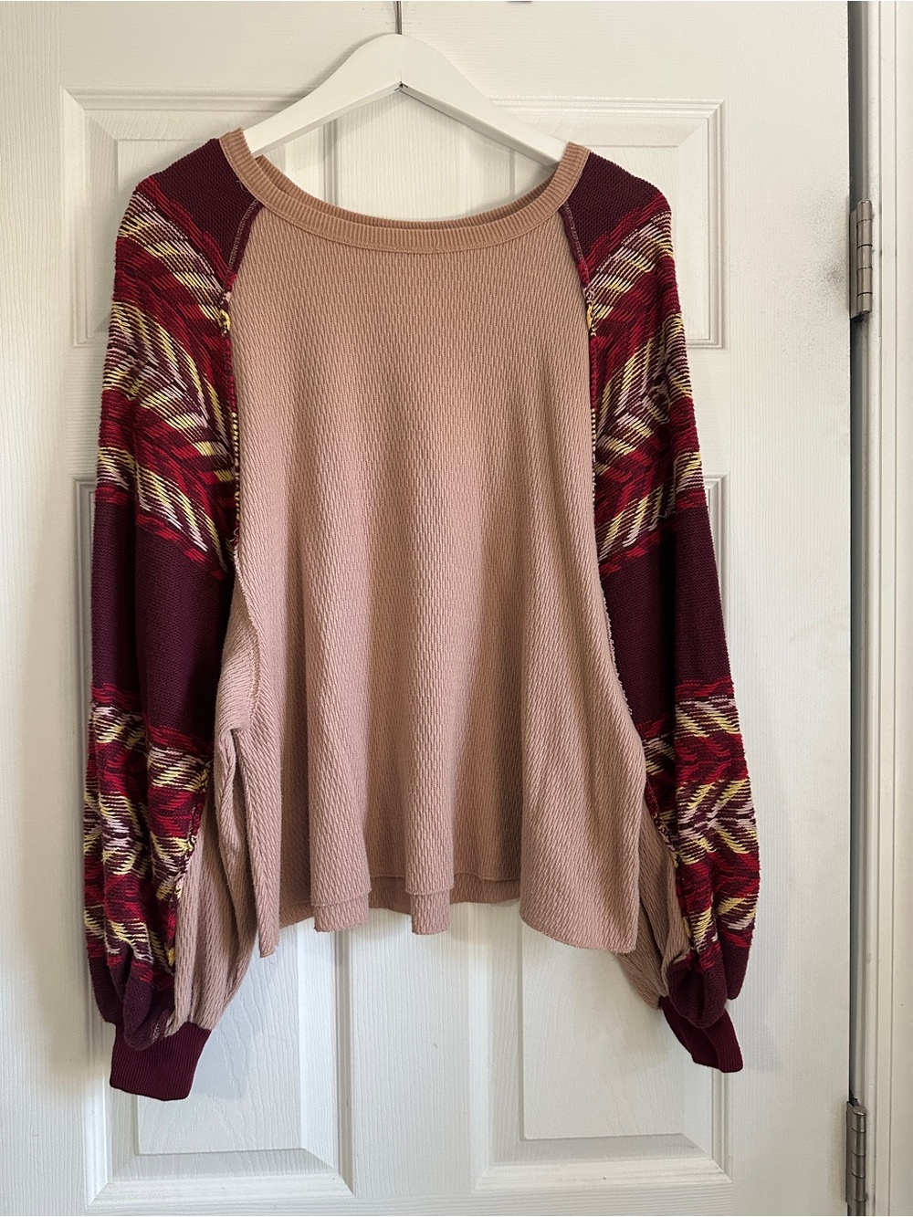 We The Free Blush Waffle Raglan Top with Burgundy Knit Patterned Balloon Sleeves